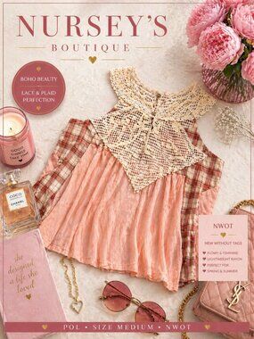 POL Boho Lace Crochet Top NWOT Peach Plaid Patchwork Flowy Tunic M